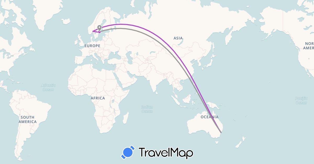 TravelMap itinerary: driving, plane, train in Australia, Norway, Sweden (Europe, Oceania)