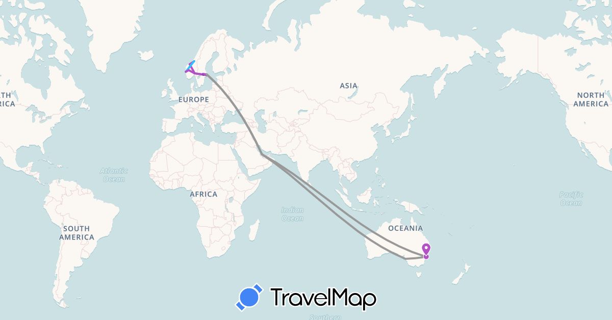 TravelMap itinerary: driving, plane, train, boat in Australia, Norway, Qatar, Sweden (Asia, Europe, Oceania)